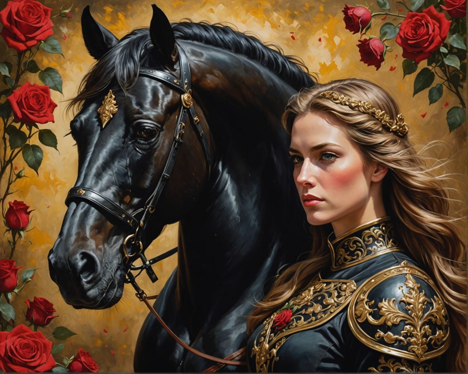 Woman Knight on Black Stallion: Realistic Oil Painting