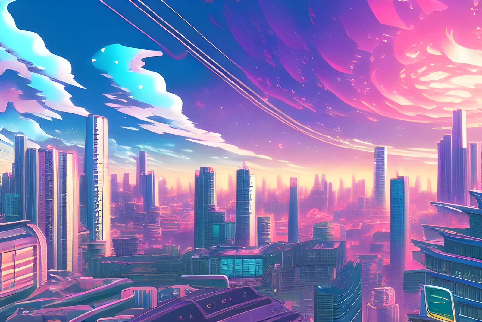 Hyperdetailed Anime Cityscape in Vaporwave Style