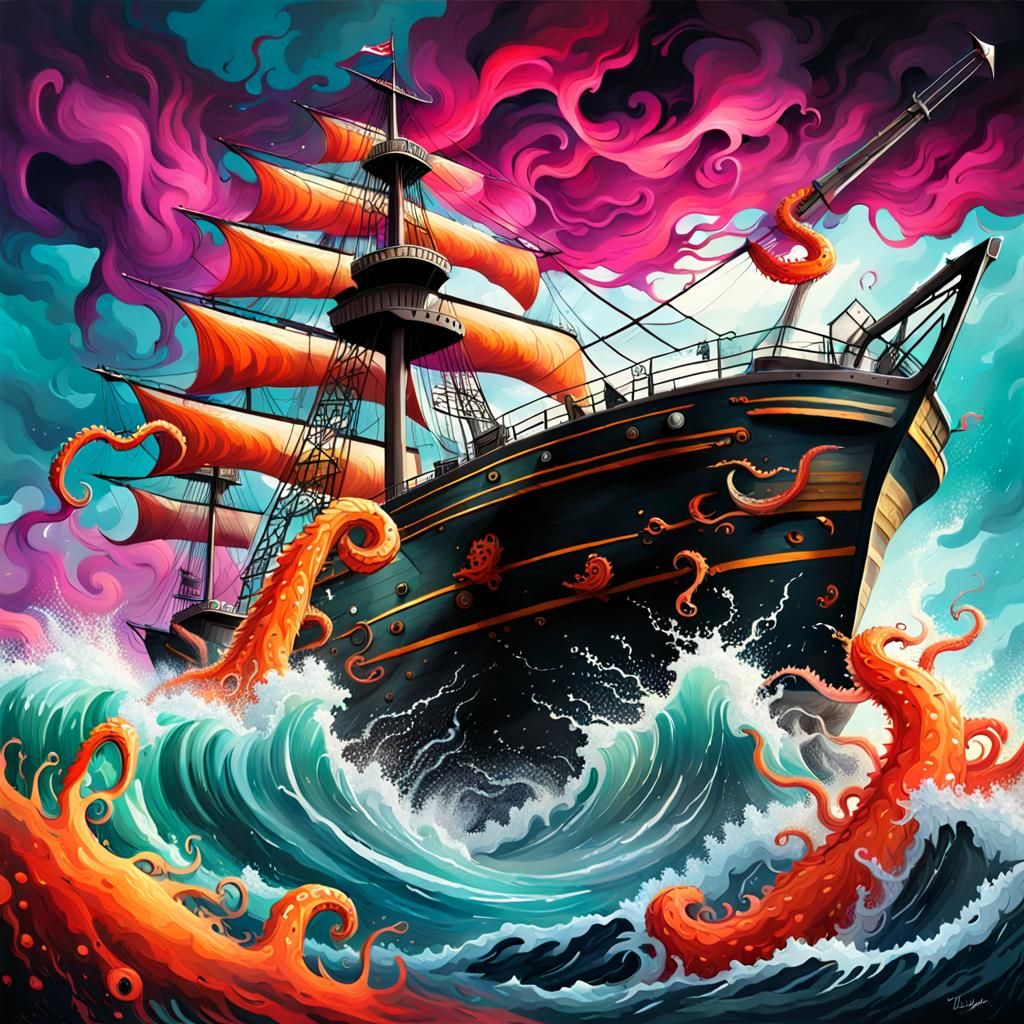 Kraken Attacks Ship in Graffiti Street Art Style
