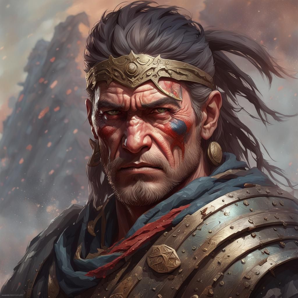 Tired Battle-Scarred Warrior Portrait in Hyperdetailed Style