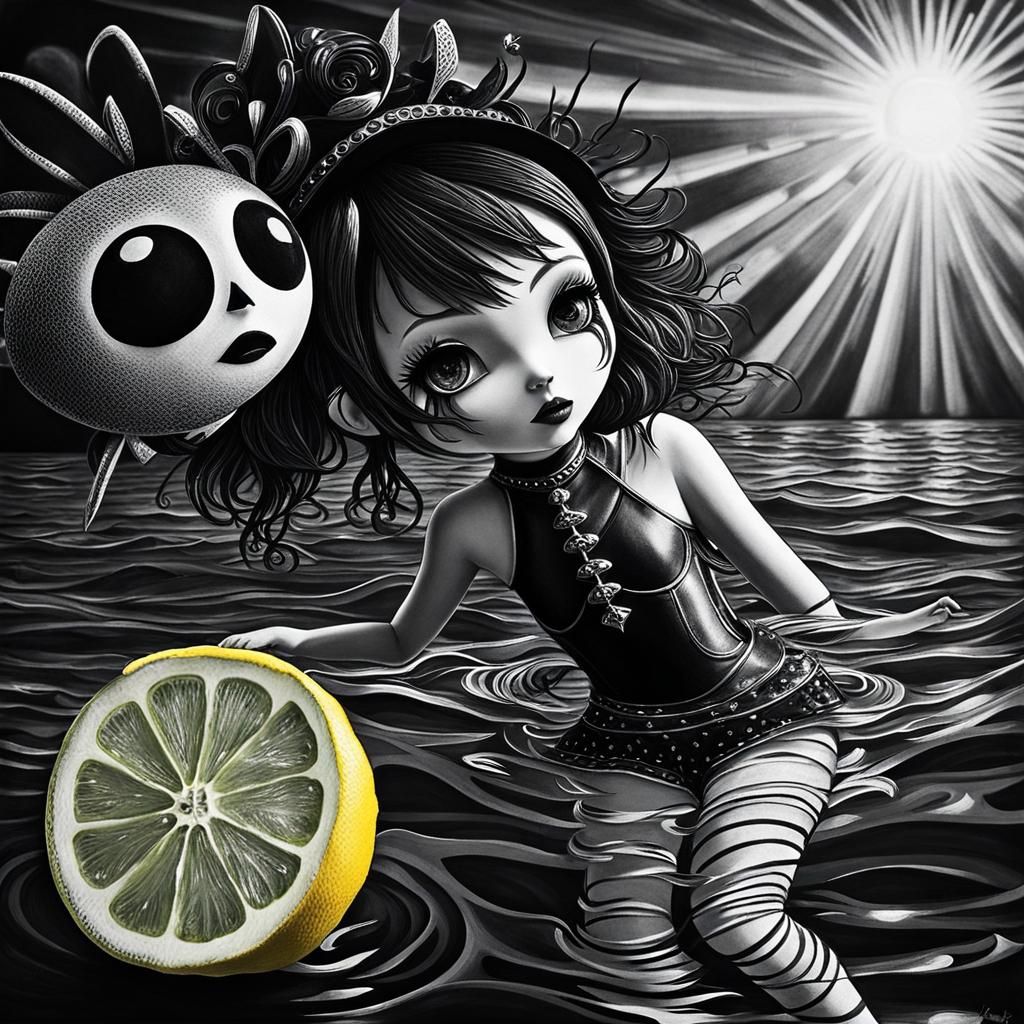 Chibi Goth Woman Swimming in Black Lemonade