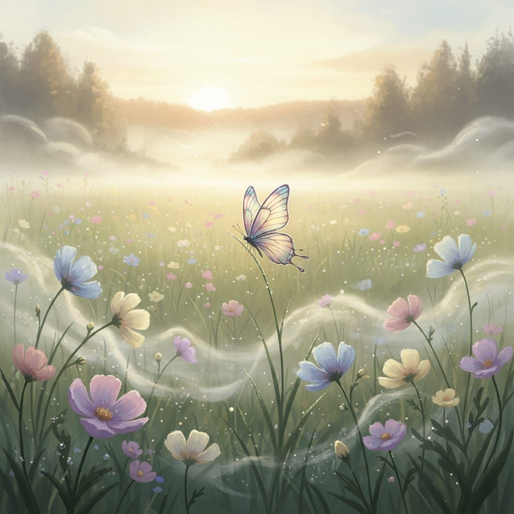 Ethereal Meadow at Dawn with Iridescent Butterfly