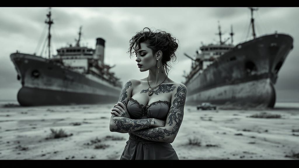 Glamorous Woman in Post-Apocalyptic Landscape