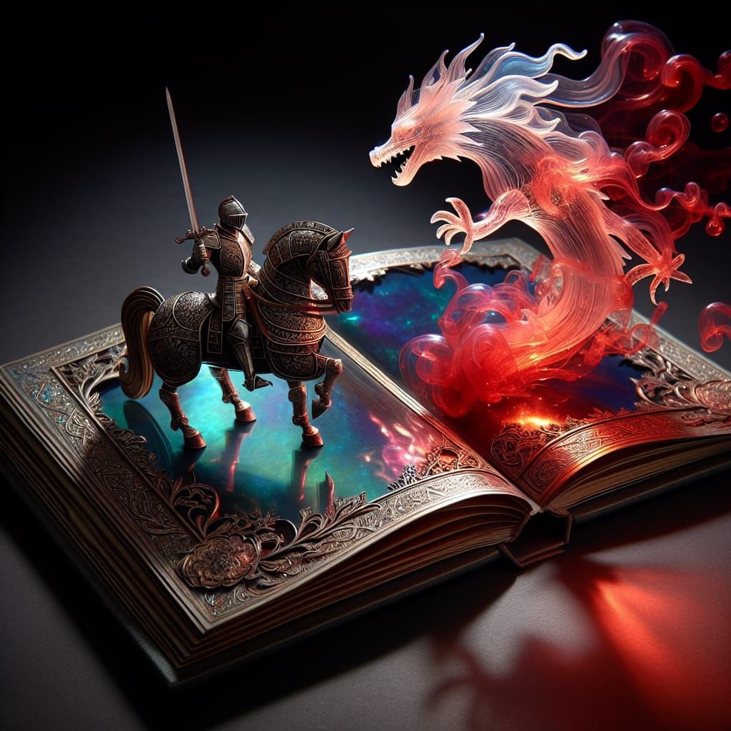 Knight Versus Dragon Arising from Iridescent Book