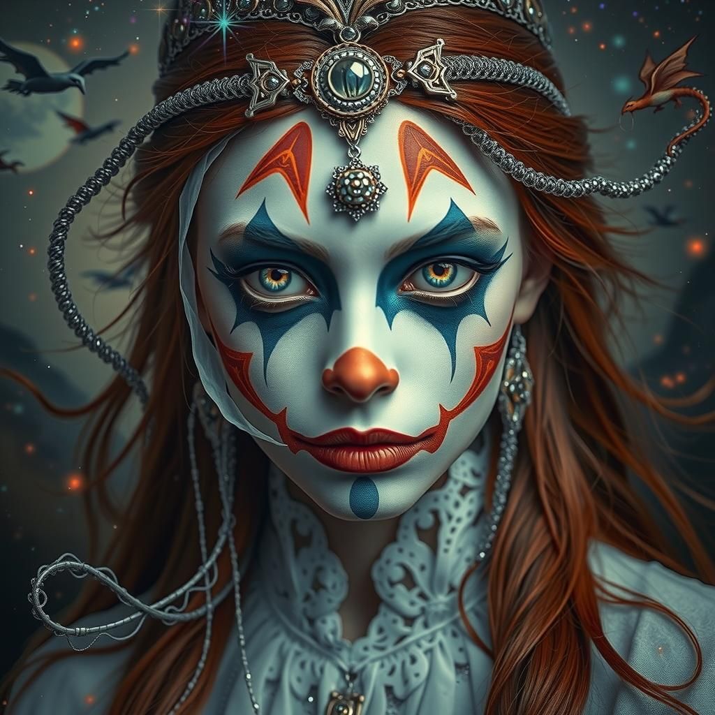 Ethereal Clown Woman with Dragons in Twilight
