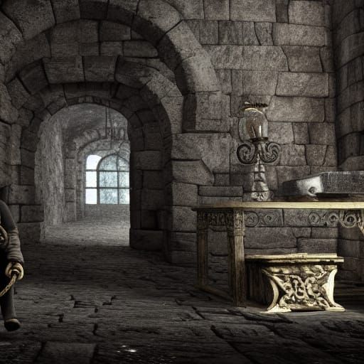 Ominous Photorealistic Stone Dungeon with Chained Man