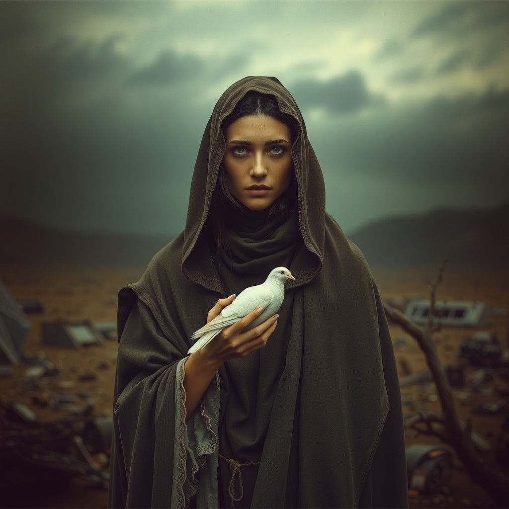 Somber Woman with Dove in Twilight Landscape