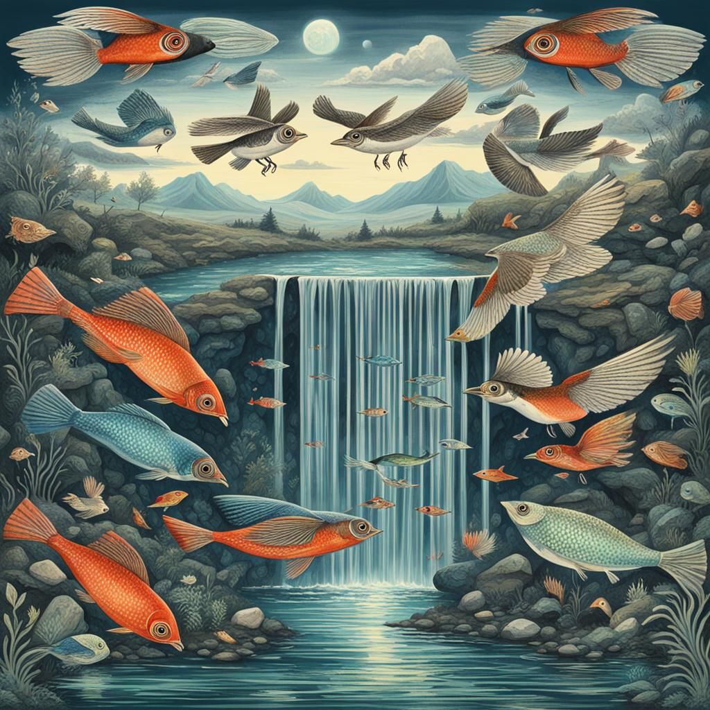 Surreal Inverted Waterfall with Flying Fish