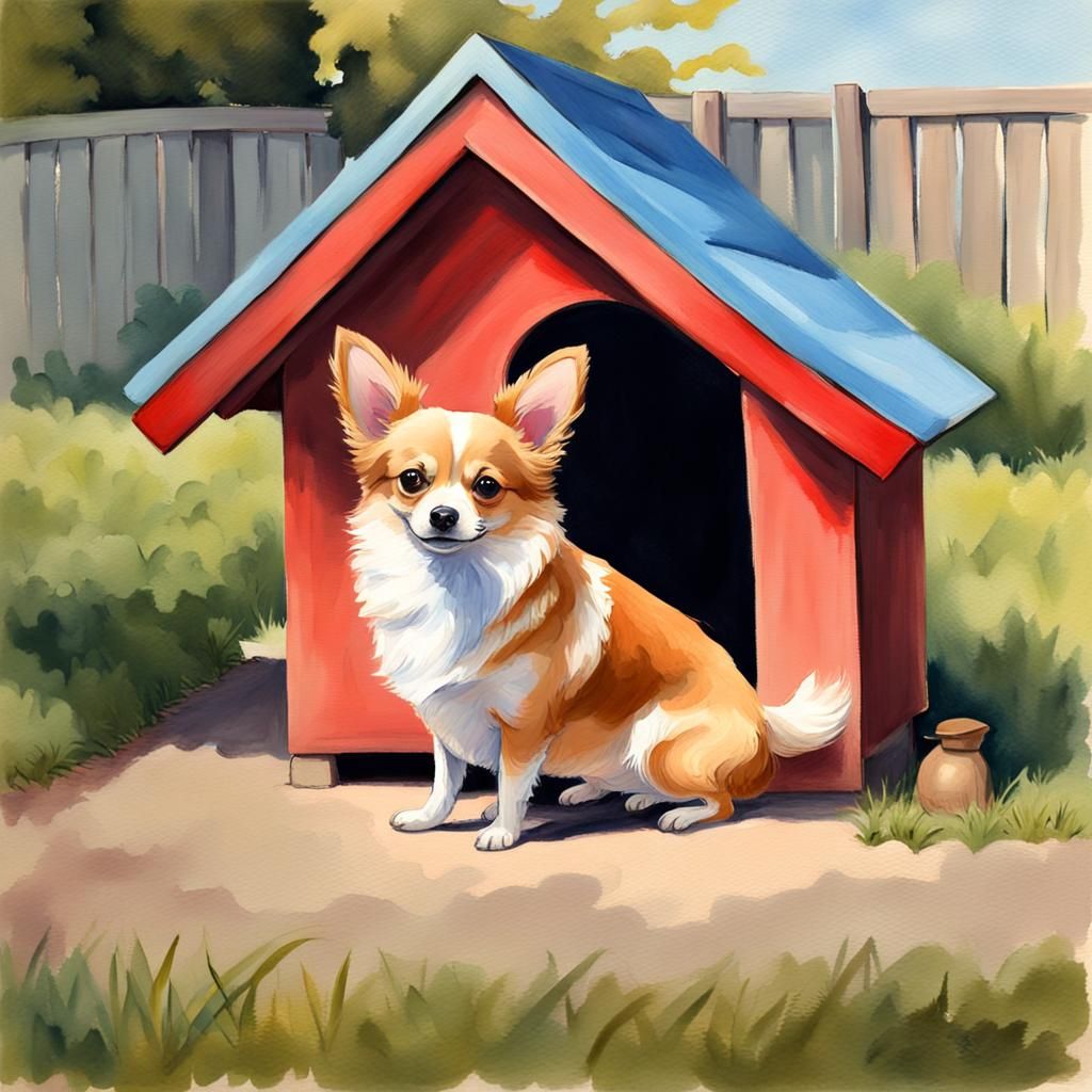 Fluffy Chihuahua Corgi Dog in Gouache Watercolor Style