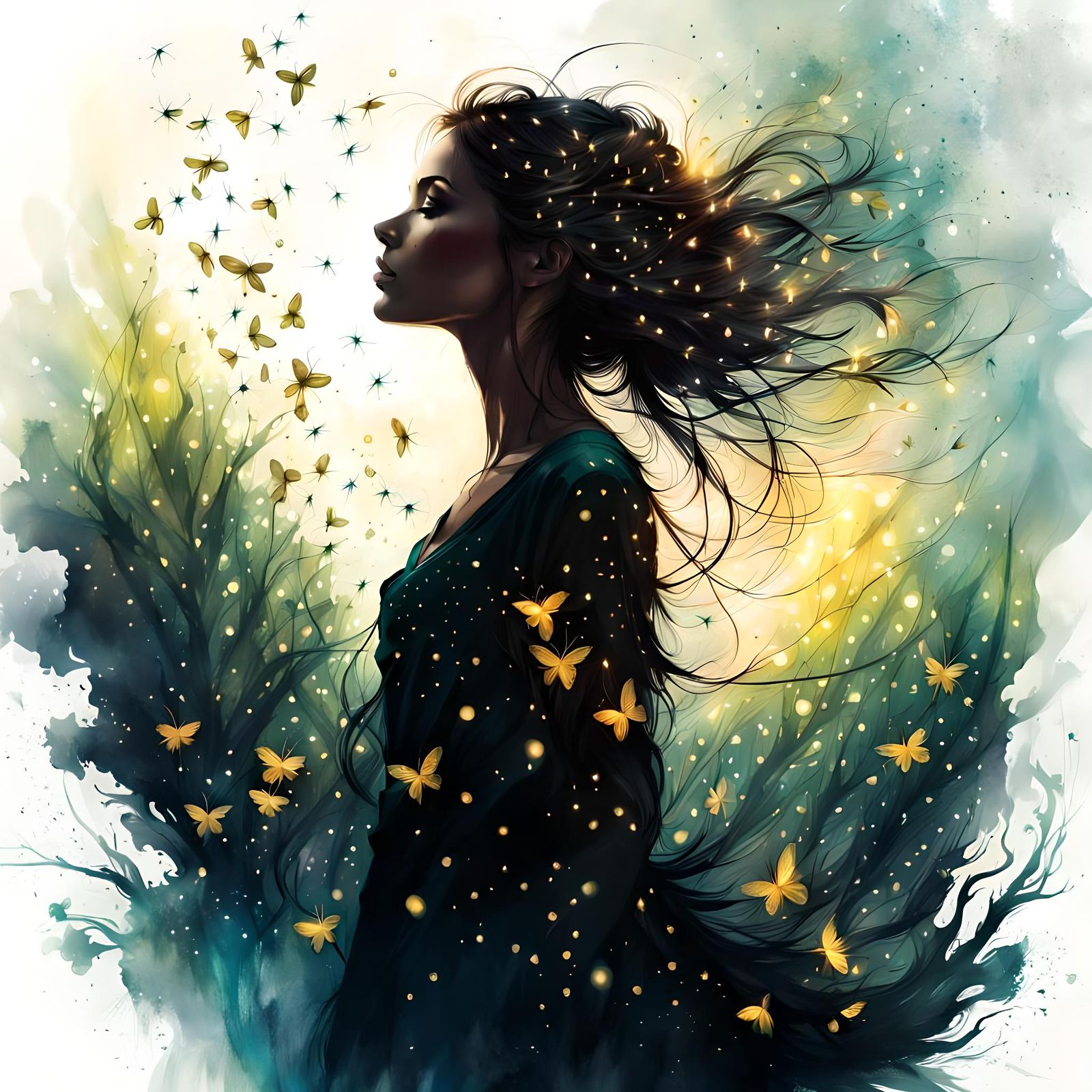 Dancer in Firefly Embrace: Surreal Charcoal Art