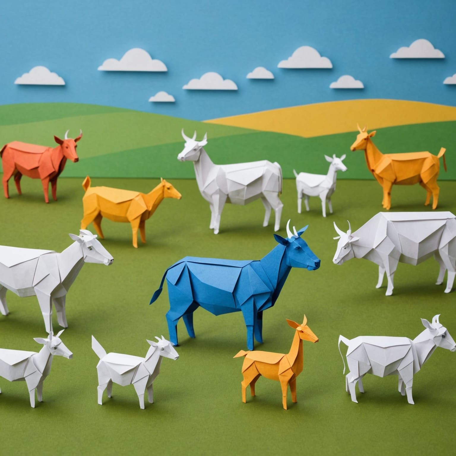 Origami Farm Animals on Grassy Field