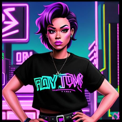 Black Tomboy with Purple Hair in Synthwave Style