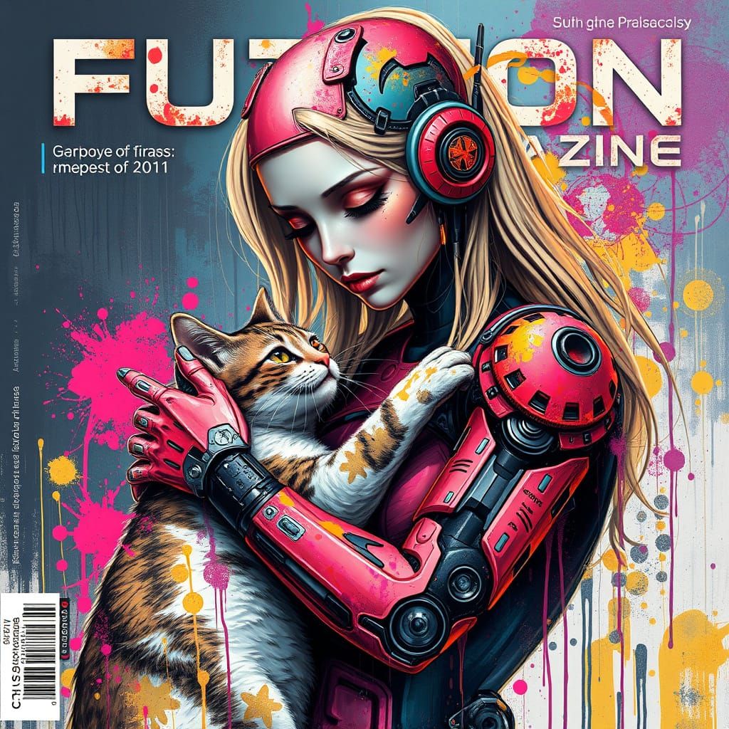 Cyborg Woman Cares for Cat in Futuristic Graffiti Art Magazi...