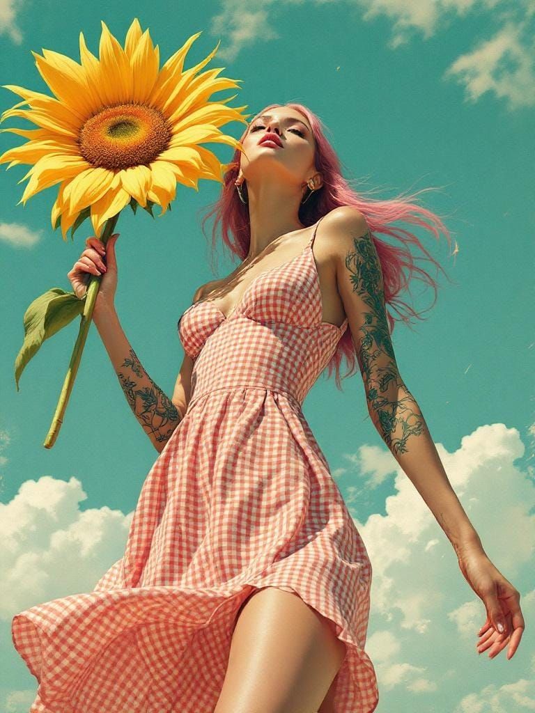 Woman with Sunflower in Art Deco Street Art Style