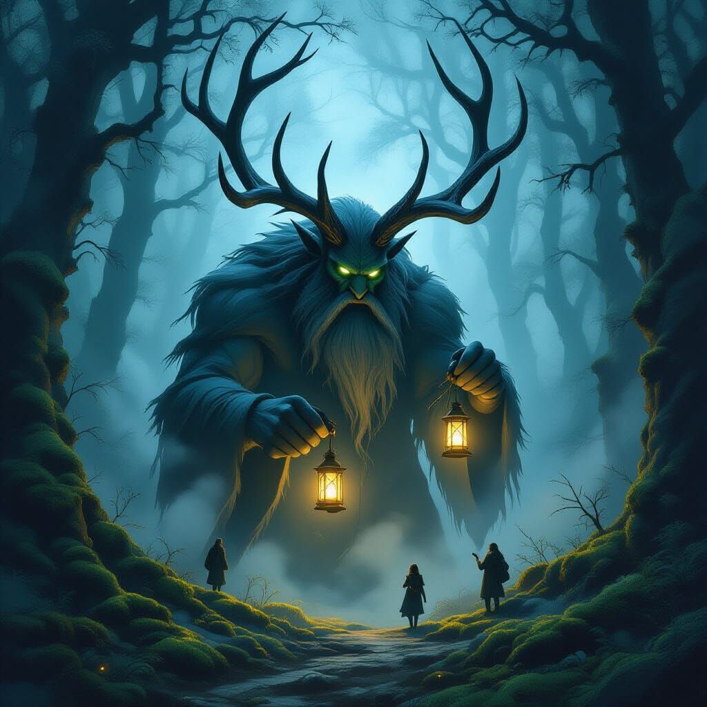Antlered Giant Lights Lanterns in Dark Fantasy Forest