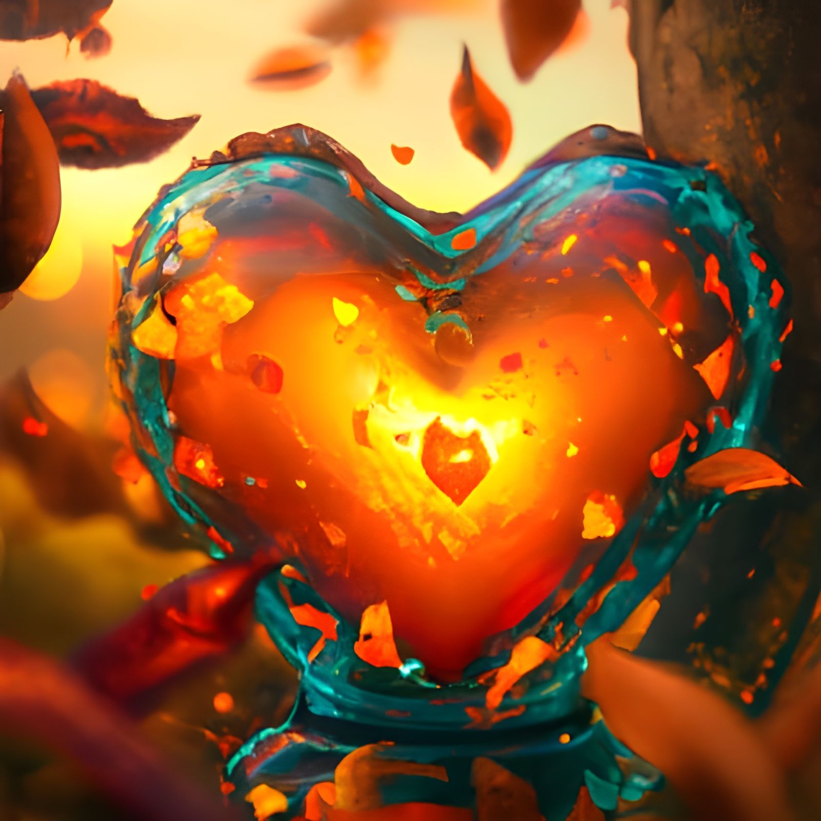 Autumnal Glass Heart with Fireflies, Digital Art