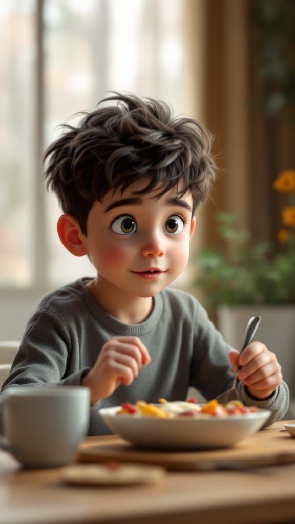 Photorealistic 3D Render of Boy Eating Breakfast