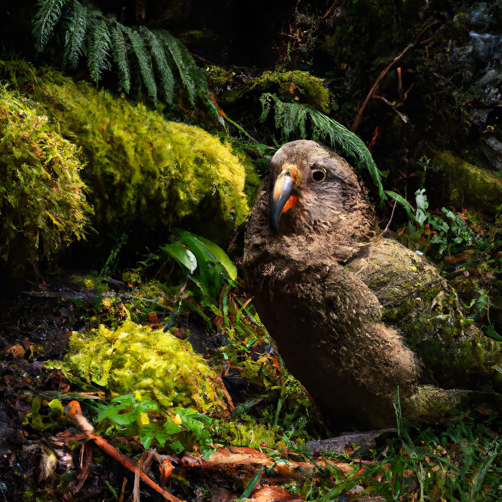 Kakapo in Mossy Forest: Close-Up Nature Photography