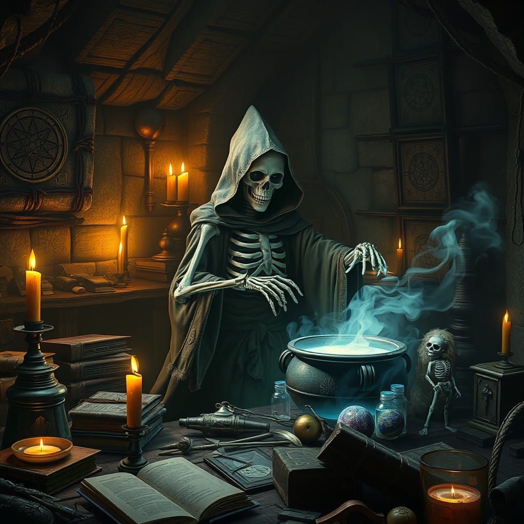 Mystic Skeleton Woman Amidst Dark Fantasy