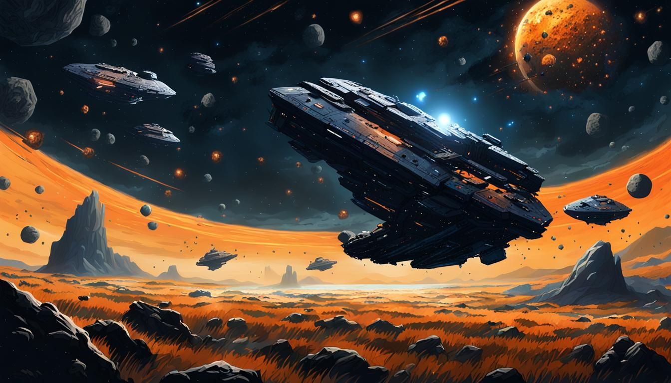 Separatist Ships Amidst Asteroid Field in Deep Space