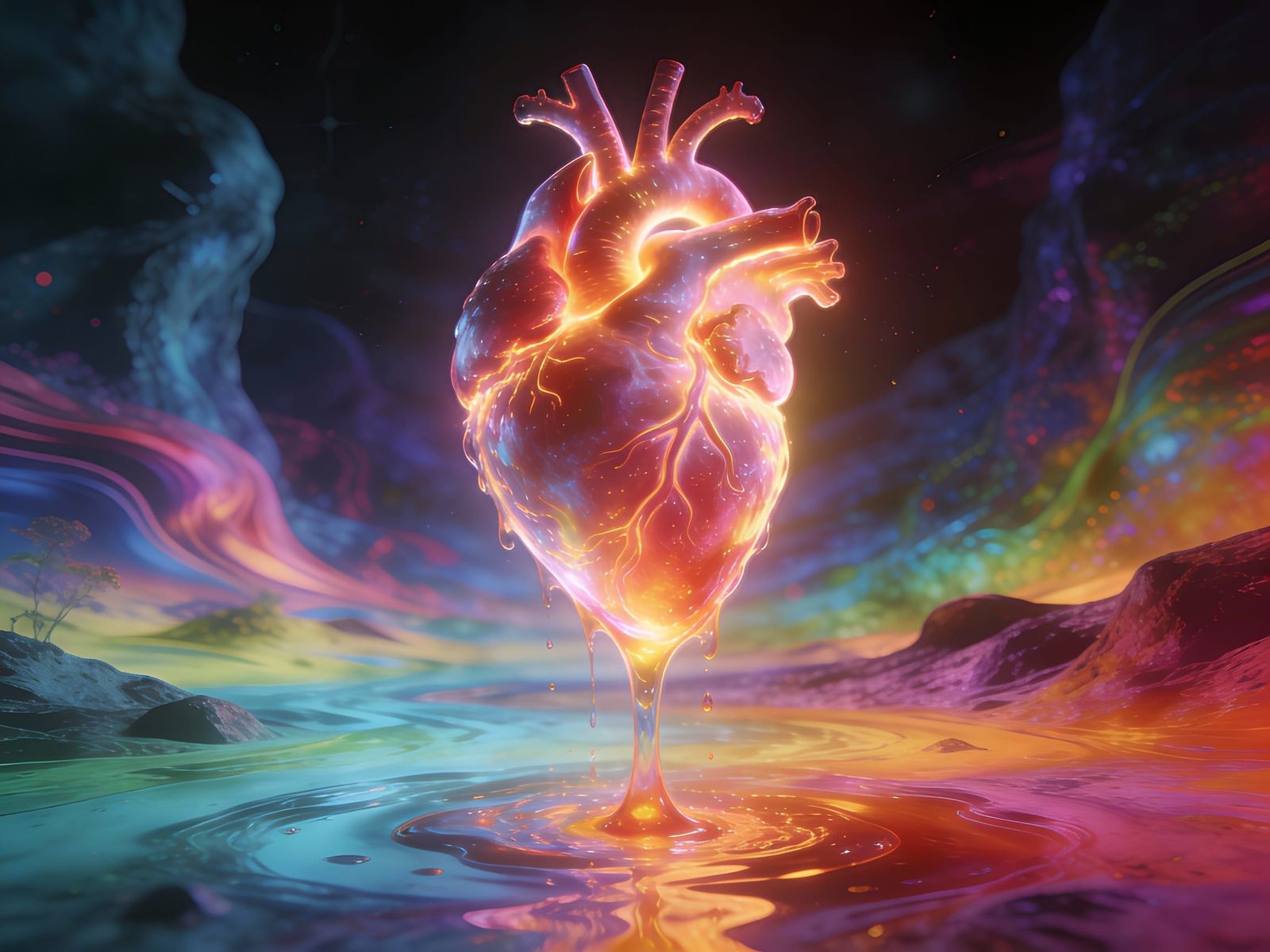 Liquid Light Heart in Dreamlike Landscape