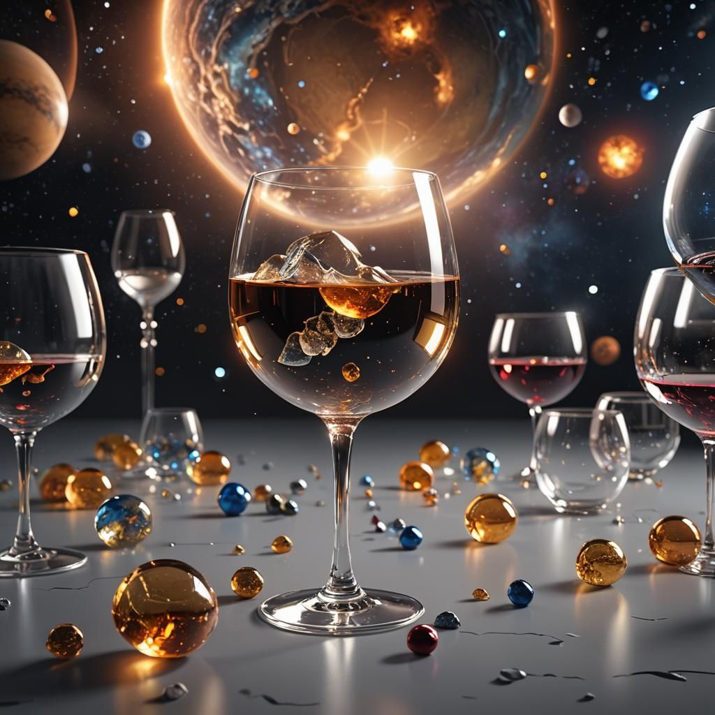 Solar System in Crystal Wine Glass: 3D Render