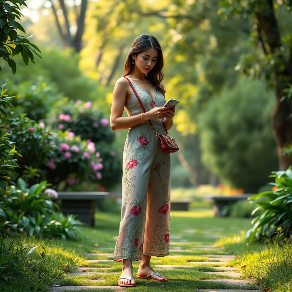Ethereal Woman in Floral Jumpsuit Amidst Park Garden