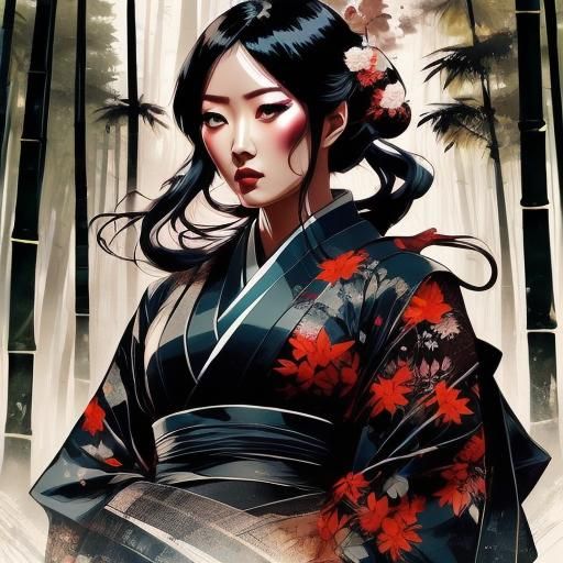 Kimono Girl in Rainy Bamboo Forest, Manhwa Style