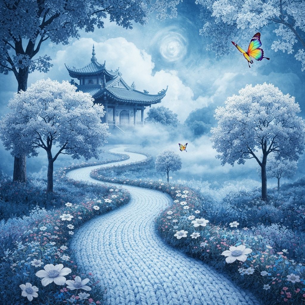 Blue Knitted Path in Dreamlike Asian Landscape
