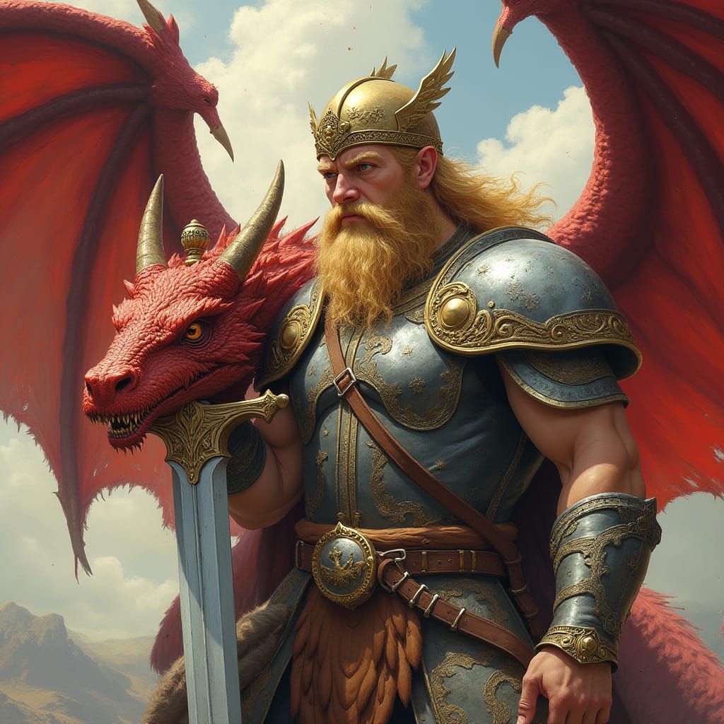 Norse Hero Sigurd Slaying Dragon in Epic Fantasy Style