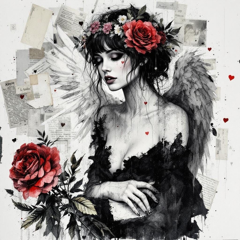 Moody Angel Portrait with Roses and Newspaper Clippings