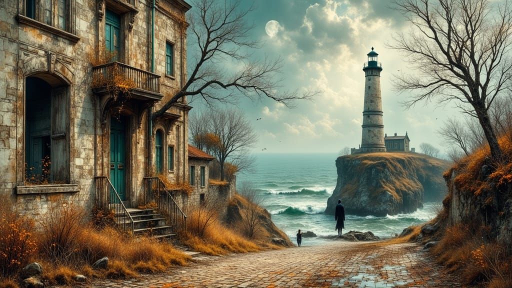 Victorian Ruins and Lighthouse in Dramatic Coastal Landscape