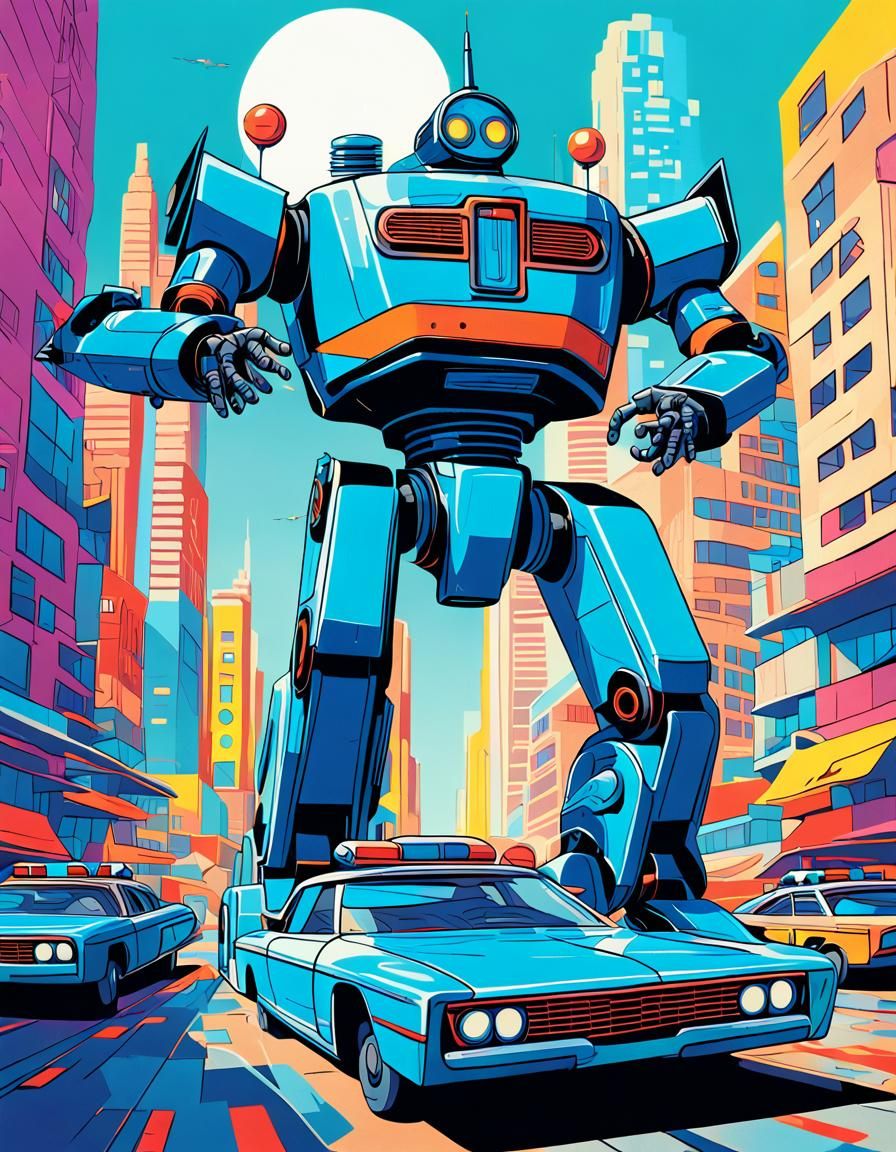 Giant Robot in Dystopian City, Pop Art Style