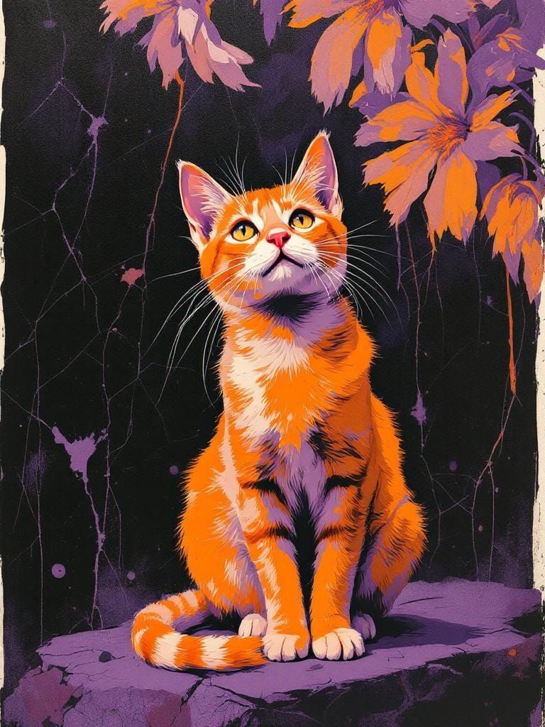 Cat Under Flower with Dramatic Brushstrokes