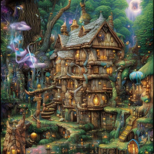 Magical Wizard's Hut in Swamp, Oil Painting