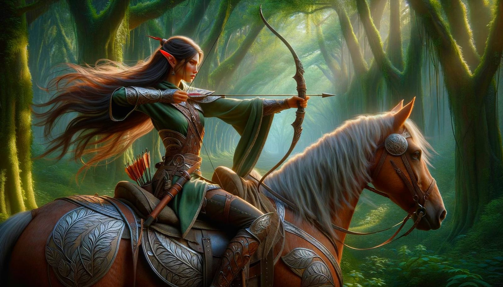 Elven Archer on Horseback in Enchanted Forest