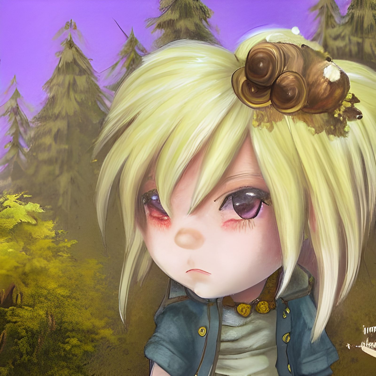 Girl with Honey Hair Gazing into Forest, Detailed Chibi Pain...