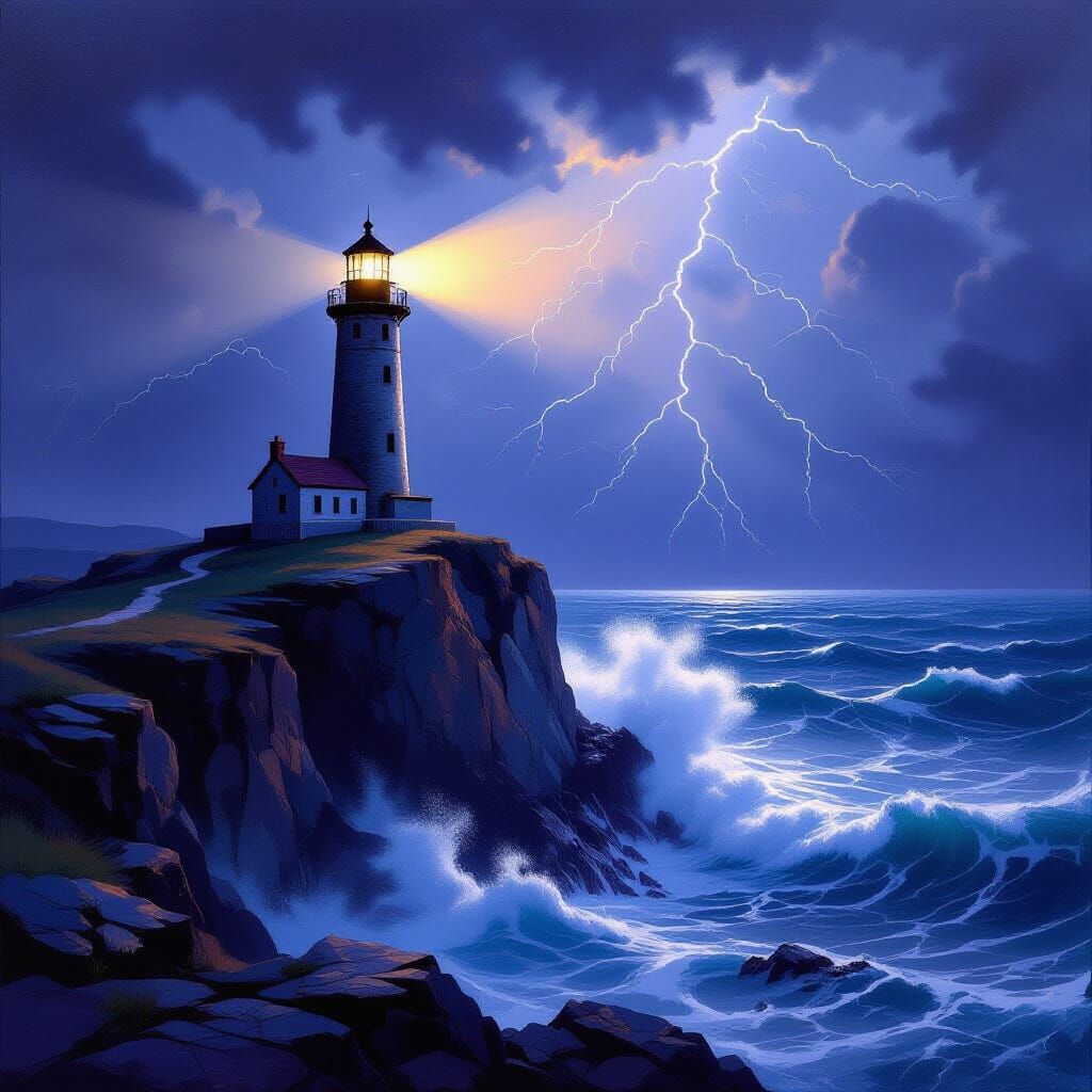 Ancient Lighthouse on Stormy Cliff: Dramatic Romantic Art