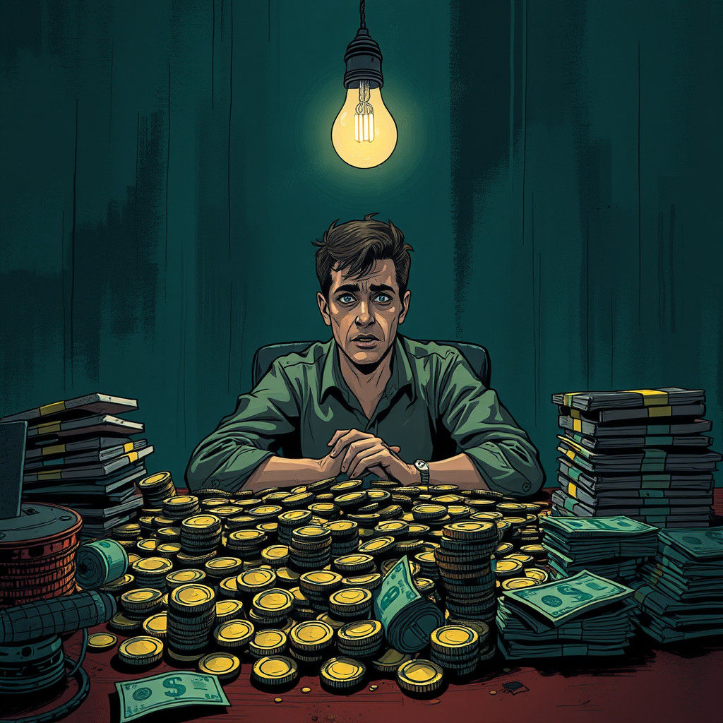 Worried Person Surrounded by Money in Digital Art Style