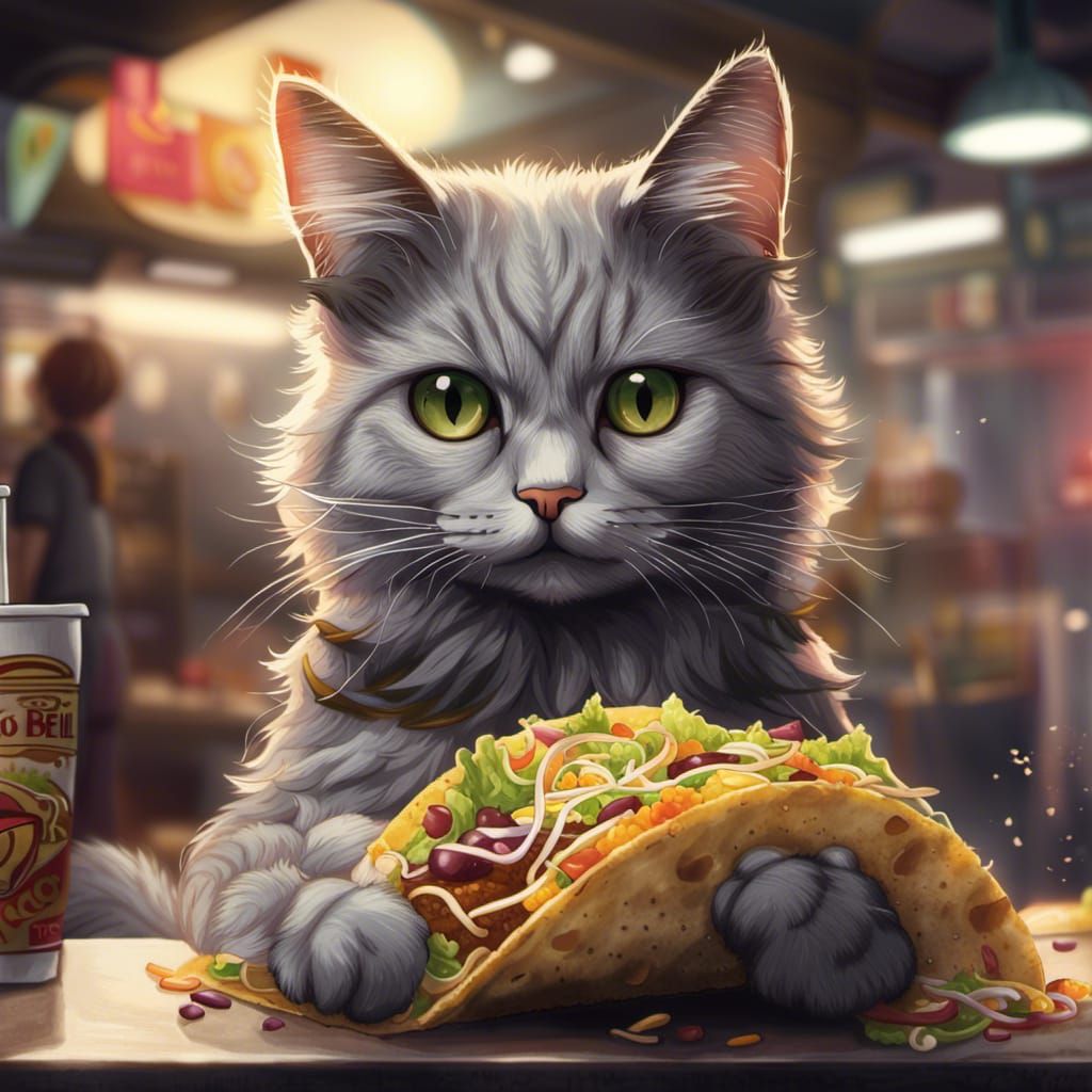 Gray Cat Working at Taco Bell: Anime Style