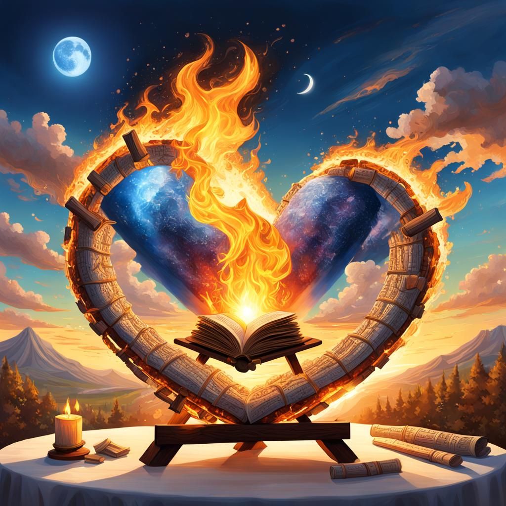 Bonfire Inside Crystal Heart with Torah Scroll