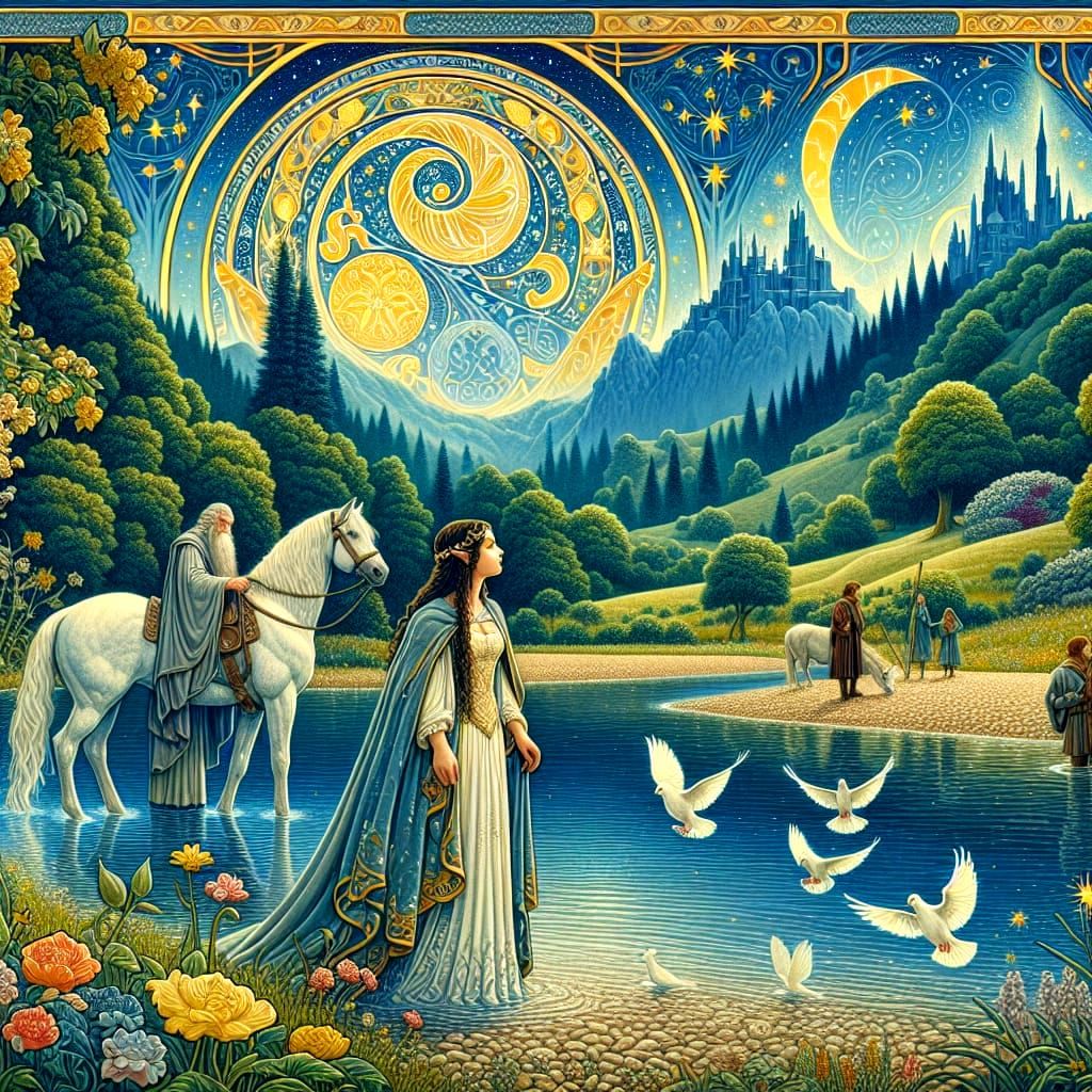 Elf Maiden by River with Art Nouveau Sky