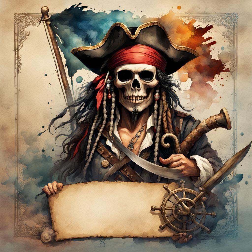 Pirate and Skull Flag in Vintage Watercolor Style