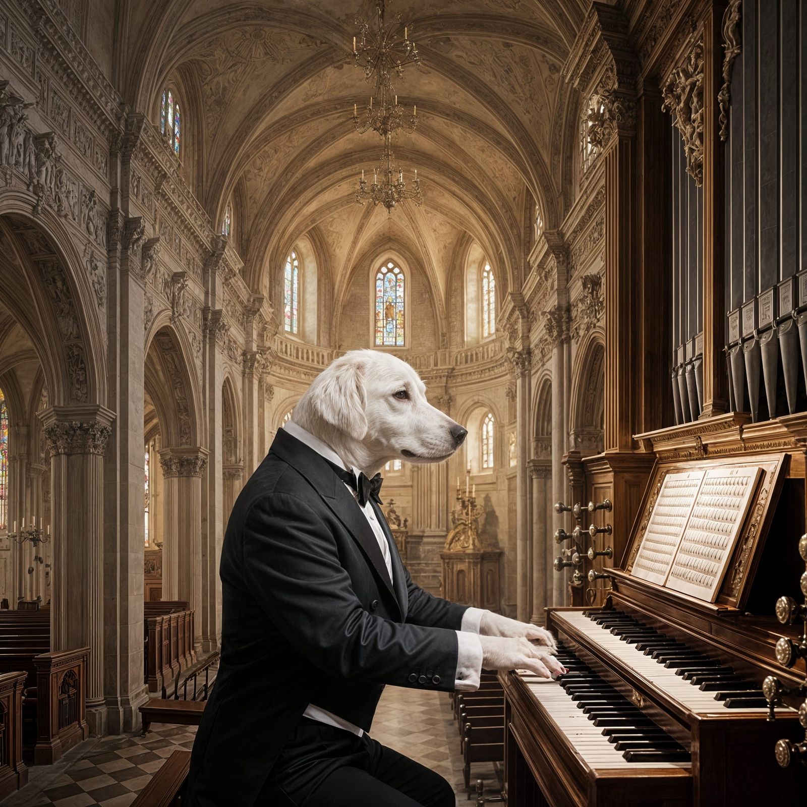Dog Playing Organ in Church