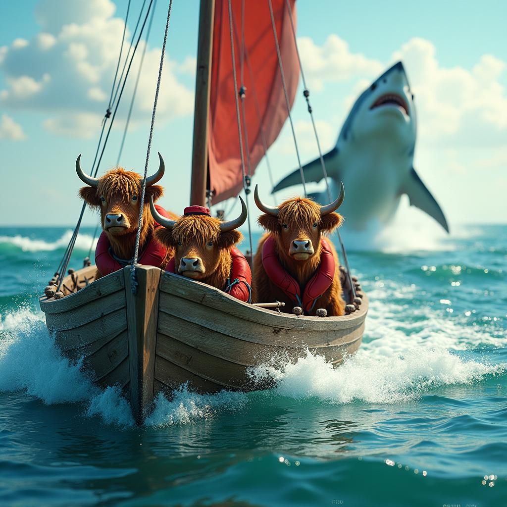 Highland Cows Sailing, Shark Attack in Matte Painting Style