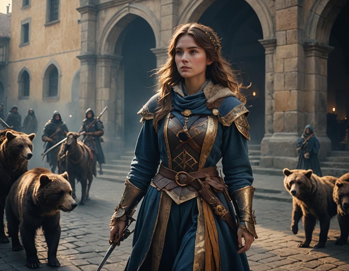 Huntress in Italian Square: Dark Fantasy Anime Art