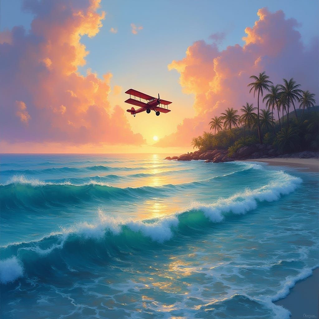 Biplane Soaring Over Turquoise Waters at Sunset