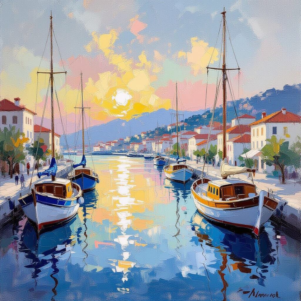 Mediterranean Marina in Gouache Style