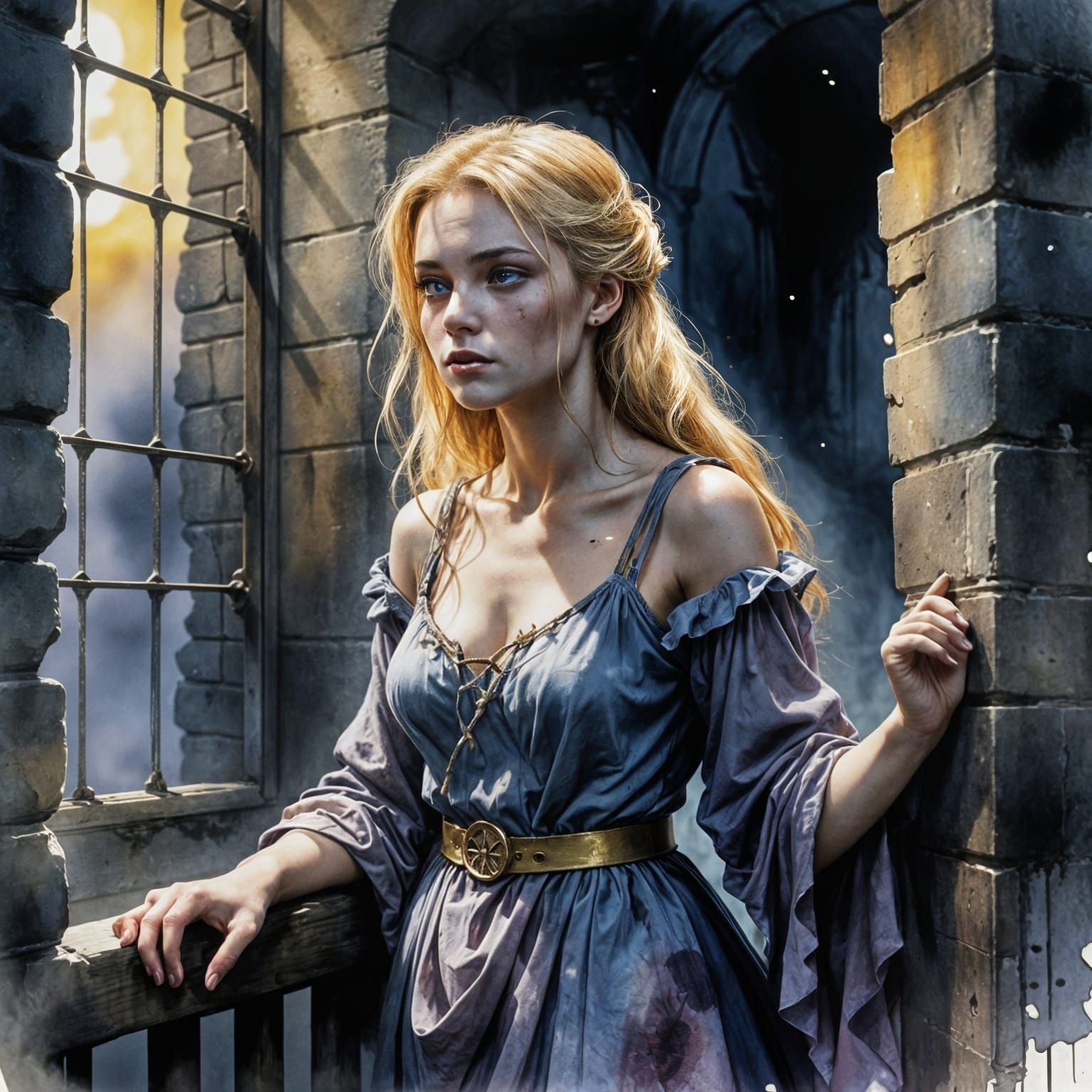 Beautiful Maiden Silhouetted in a Medieval Dungeon