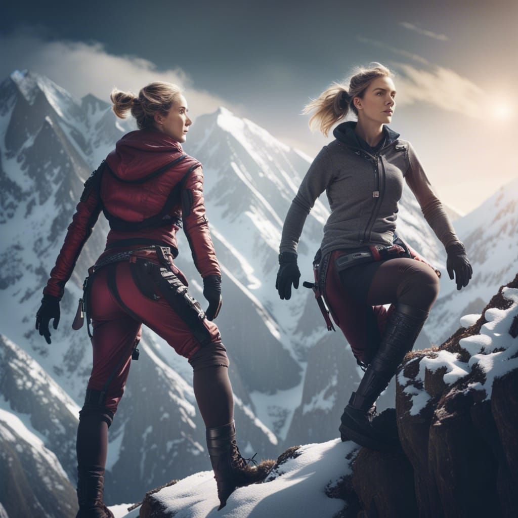 Women Climbing Cliff with Snowy Mountains, Fantasy Art